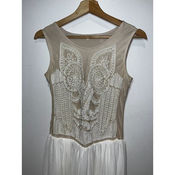 Maje Embroidered Beige & White Sleeveless Midi Dress With Sheer Women Small - Picture 2 of 10